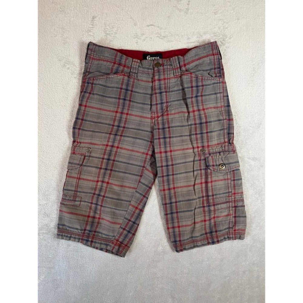 Vintage Guess Men's 2000's Plaid Cargo Shorts‎ Grey Red Blue Cotton Y2K Size 30